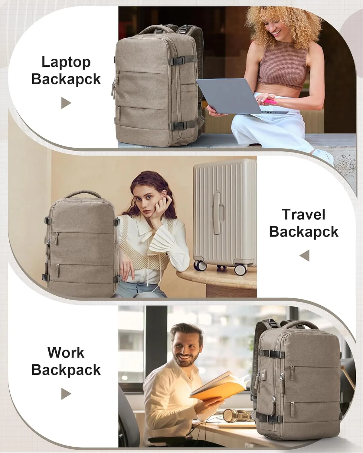 Travel Backpack for Men Women Carry On Backpack Flight Approved Laptop Backpack Luggage Backpack Weekender Bag for Outdoor Hiking Business Trip Khaki