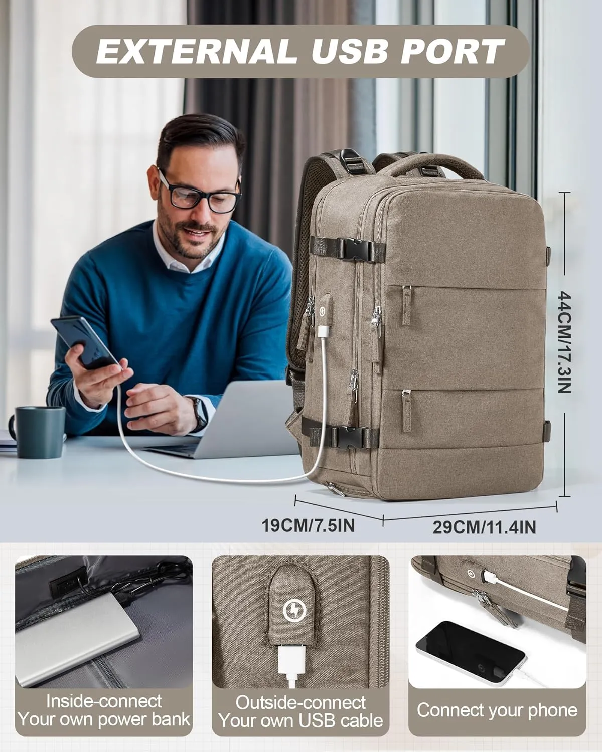 Travel Backpack for Men Women Carry On Backpack Flight Approved Laptop Backpack Luggage Backpack Weekender Bag for Outdoor Hiking Business Trip Khaki