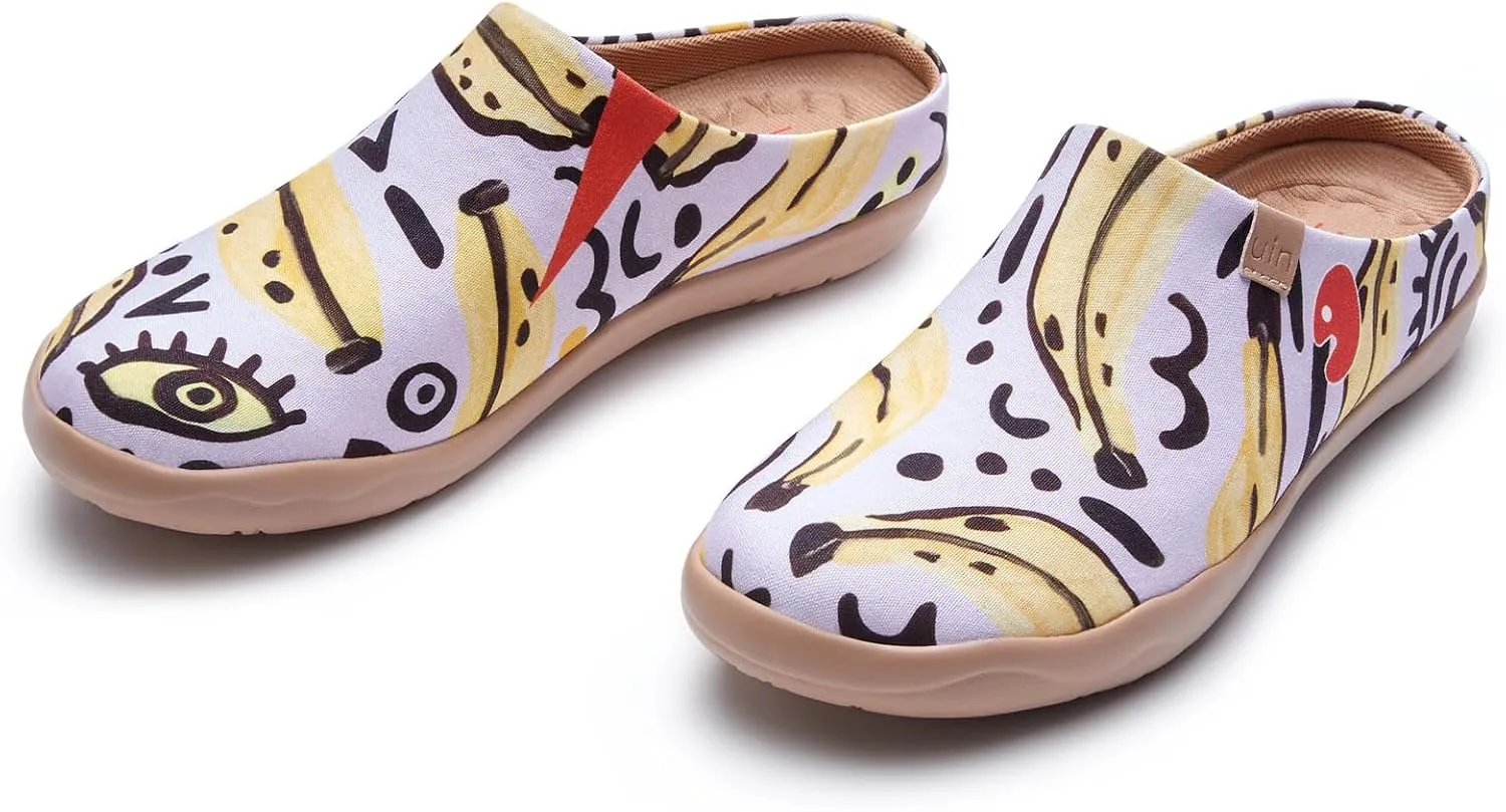 UIN Women's Wide Toe Mules Comfortable Lightweight Casual Art Painted Slip On Travel Shoes Malaga