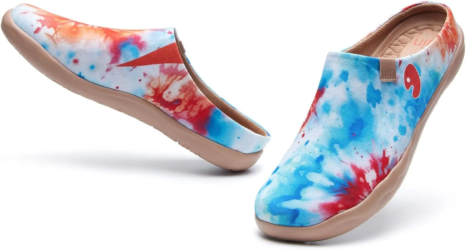 UIN Women's Wide Toe Mules Comfortable Lightweight Casual Art Painted Slip On Travel Shoes Malaga