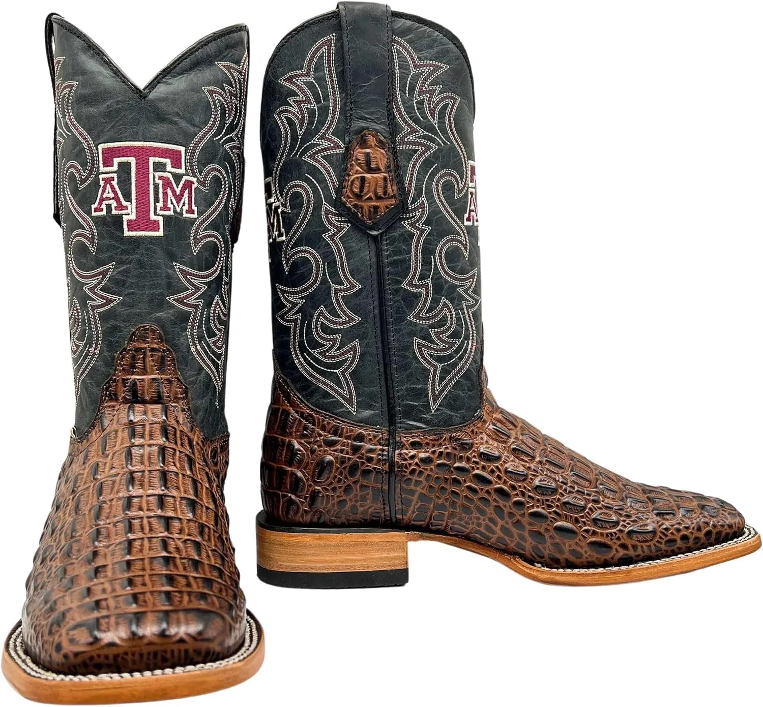 Vaccari Men's Jackson Genuine Hornback Alligator Print Leather & Embroidery Broad Square Toe Officially Licensed Cowboy University Boots