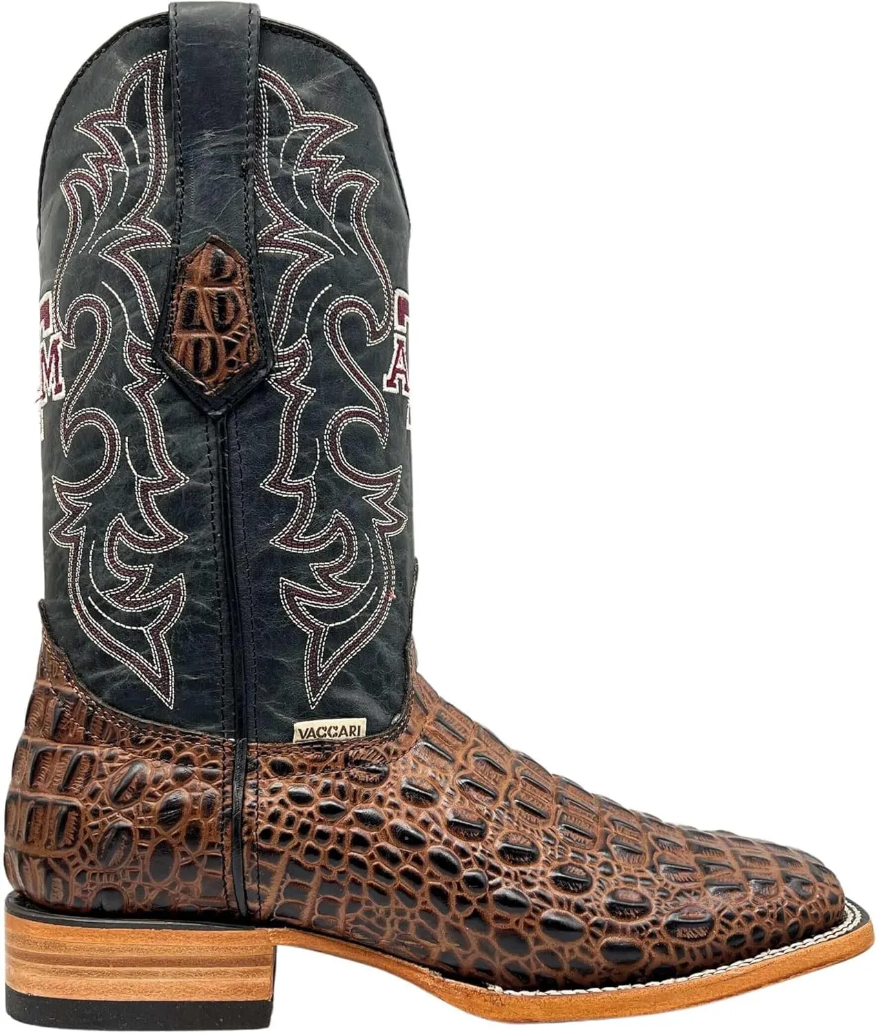 Vaccari Men's Jackson Genuine Hornback Alligator Print Leather & Embroidery Broad Square Toe Officially Licensed Cowboy University Boots