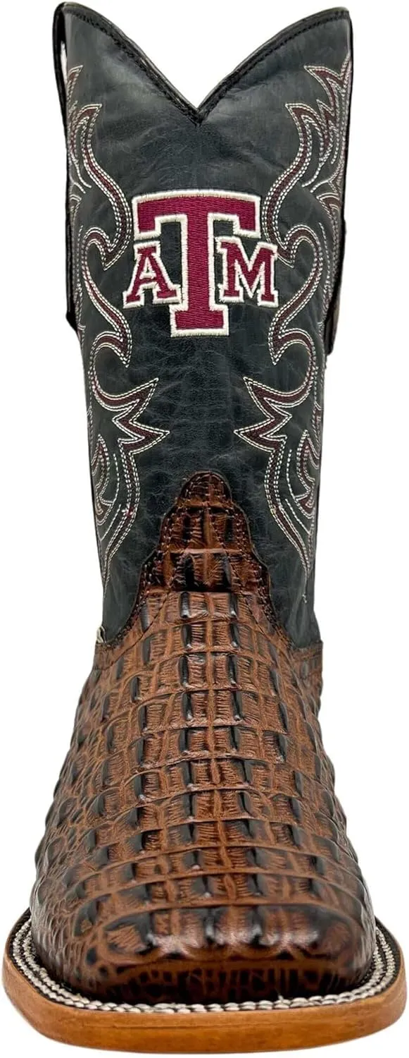 Vaccari Men's Jackson Genuine Hornback Alligator Print Leather & Embroidery Broad Square Toe Officially Licensed Cowboy University Boots