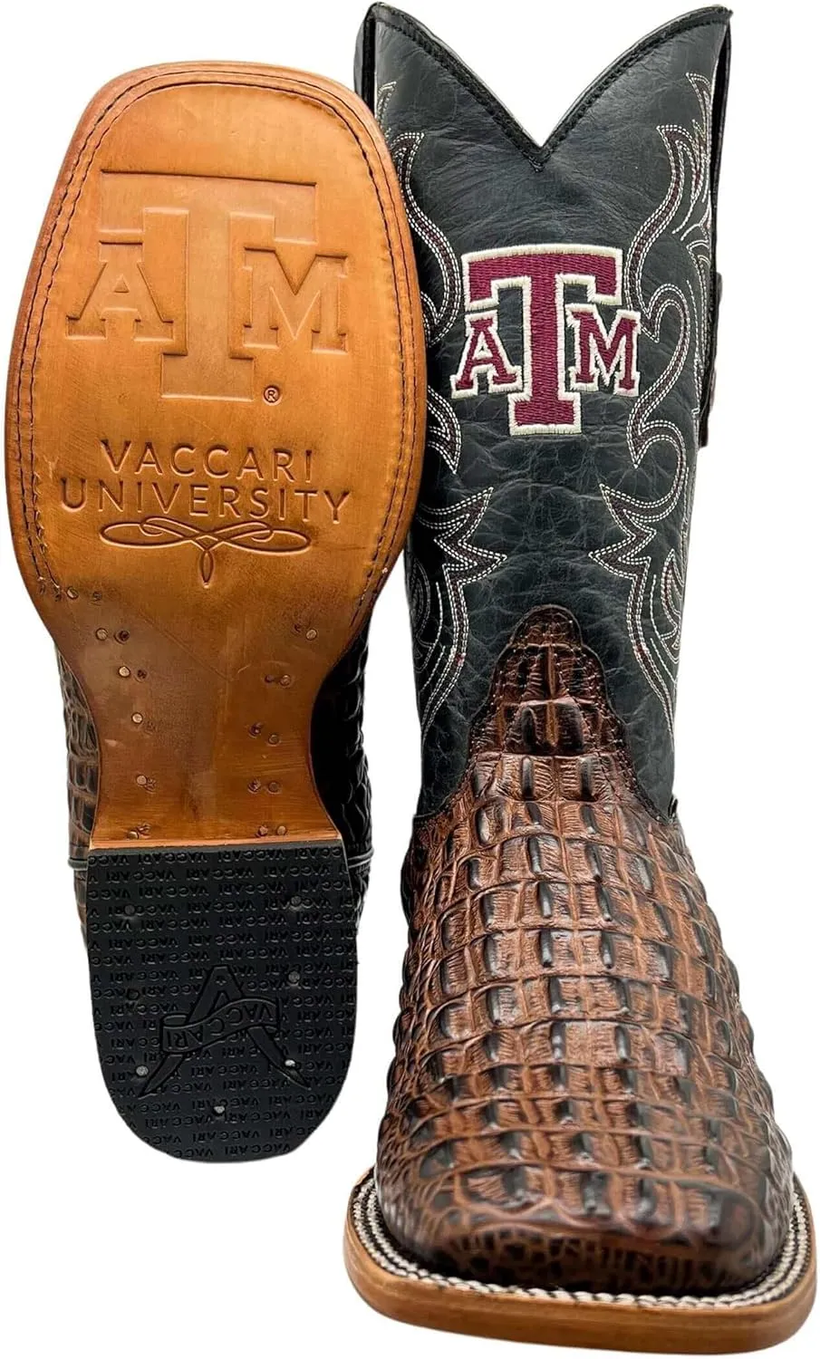 Vaccari Men's Jackson Genuine Hornback Alligator Print Leather & Embroidery Broad Square Toe Officially Licensed Cowboy University Boots