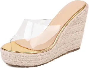VARECOLA Slip On Espadrilles Wedge Platform Sandals For Women Clear Strap Slide Heeled Sandals Beach Summer Mule Sandals