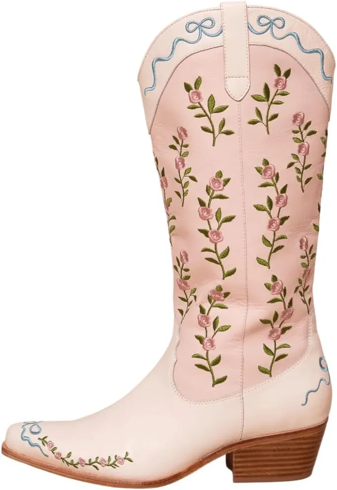 Vertundy Women's Cowgirl Boots Chunky Low Heel Pointed Toe Western Knee High Boots Flower Design Women Tall Boots