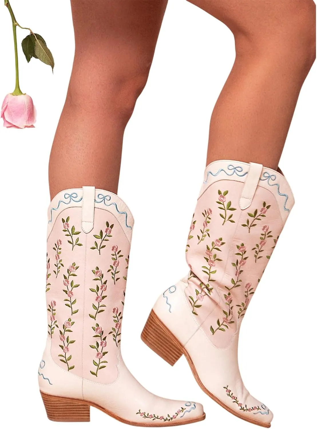 Vertundy Women's Cowgirl Boots Chunky Low Heel Pointed Toe Western Knee High Boots Flower Design Women Tall Boots