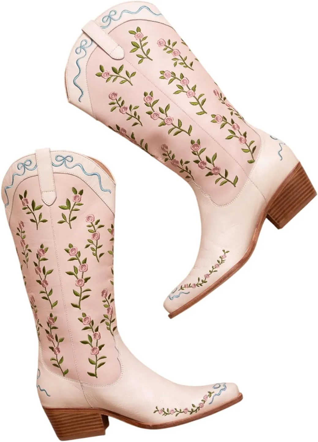 Vertundy Women's Cowgirl Boots Chunky Low Heel Pointed Toe Western Knee High Boots Flower Design Women Tall Boots
