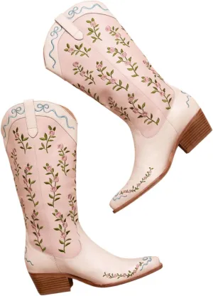 Vertundy Women's Cowgirl Boots Chunky Low Heel Pointed Toe Western Knee High Boots Flower Design Women Tall Boots