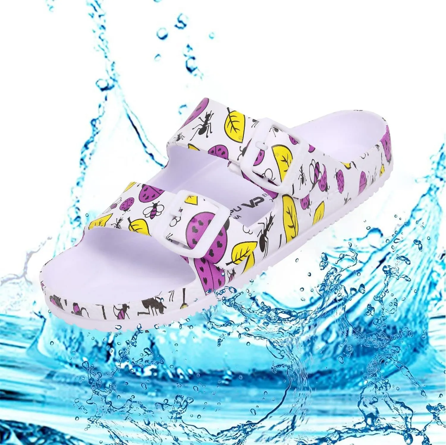 VICT POPU Womens Sandals Adjustable Double Buckle Strap Waterproof EVA Flat Slides
