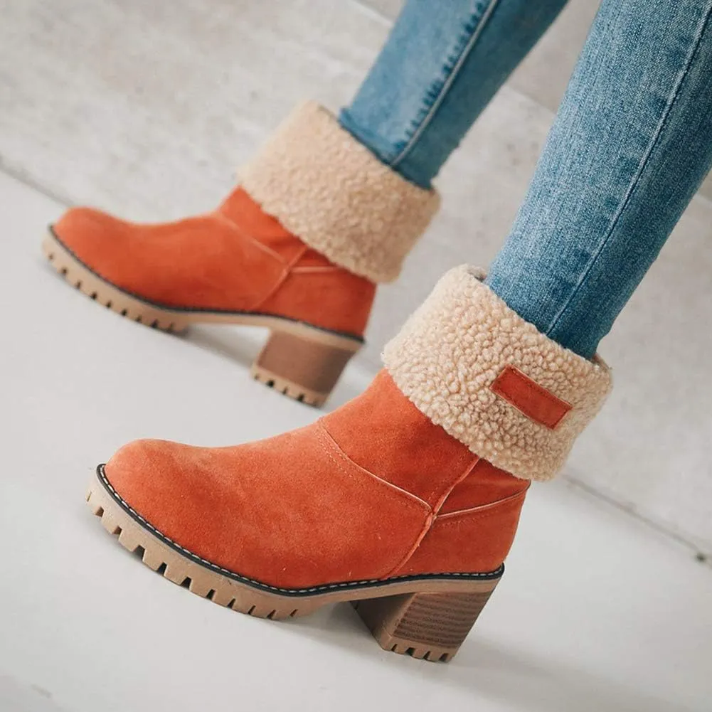 VIMISAOI Winter Boots for Women, Comfortable Slip On Mid Chunky Heel Suede Warm Snow Ankle Boots Outdoor Shoes