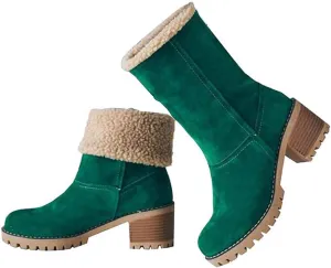 VIMISAOI Winter Boots for Women, Comfortable Slip On Mid Chunky Heel Suede Warm Snow Ankle Boots Outdoor Shoes