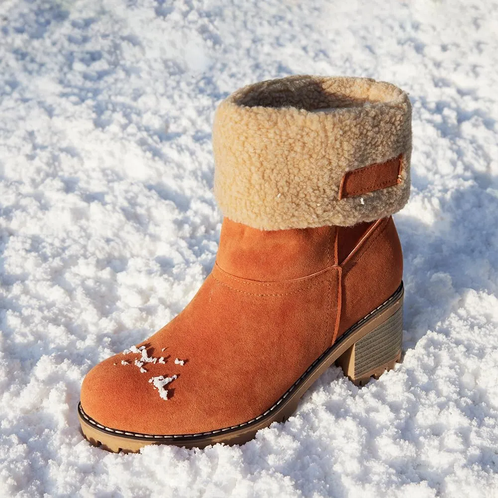 VIMISAOI Winter Boots for Women, Comfortable Slip On Mid Chunky Heel Suede Warm Snow Ankle Boots Outdoor Shoes