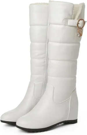 Wedge Heel Thick-Soled Snow Boots, Side Zipper Knee High Boots Short Plush Lining Raw Edge Warm Straight Boots Crystal Tassel Decoration Boots