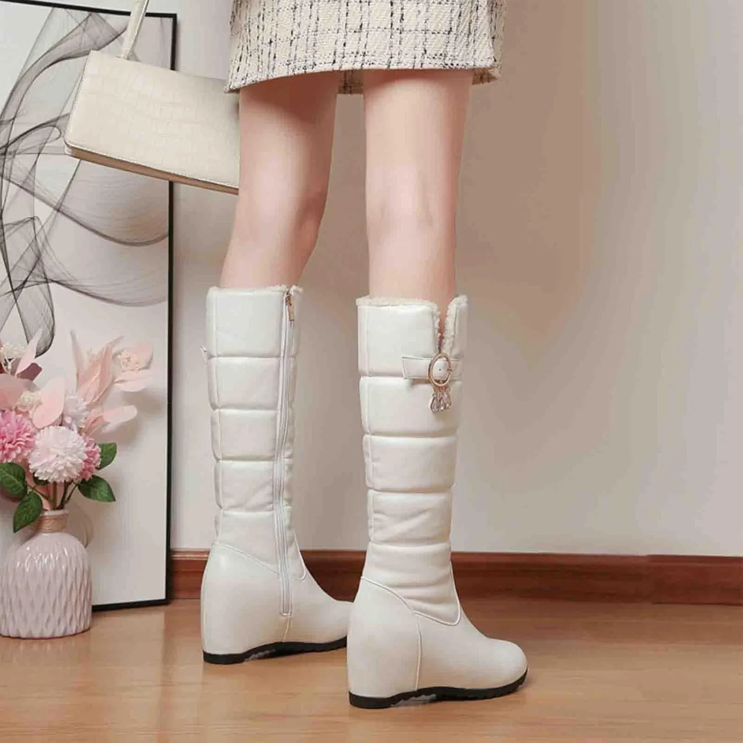 Wedge Heel Thick-Soled Snow Boots, Side Zipper Knee High Boots Short Plush Lining Raw Edge Warm Straight Boots Crystal Tassel Decoration Boots