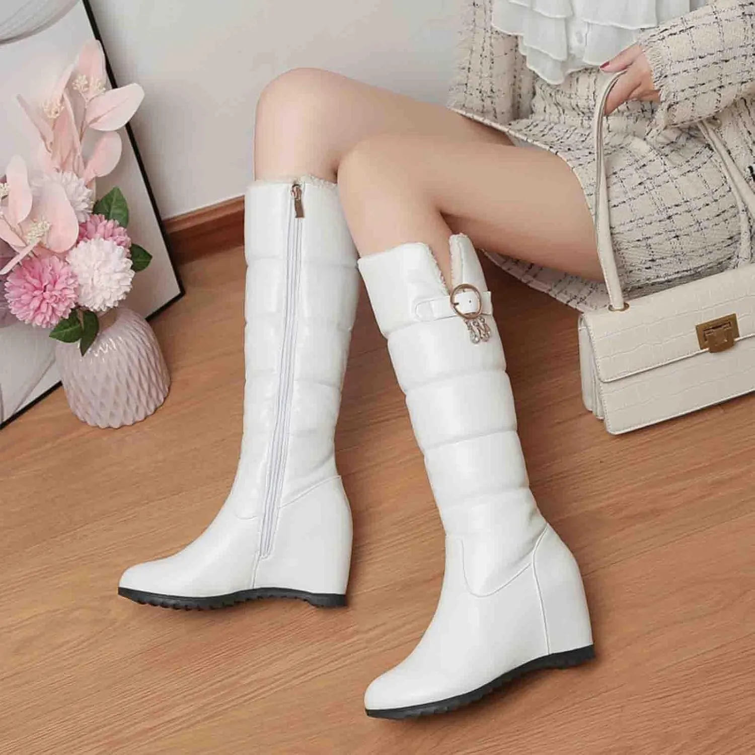 Wedge Heel Thick-Soled Snow Boots, Side Zipper Knee High Boots Short Plush Lining Raw Edge Warm Straight Boots Crystal Tassel Decoration Boots