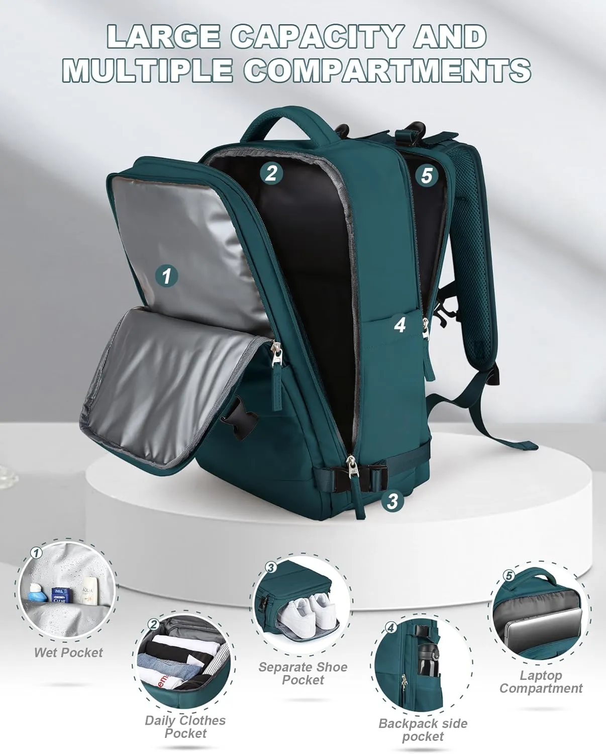 wepadre Large Travel Backpack for Women and Men, Airline Approved Carry On Bag, Waterproof Laptop Backpack, Hiking Backpack, Shoe and Wet Compartment