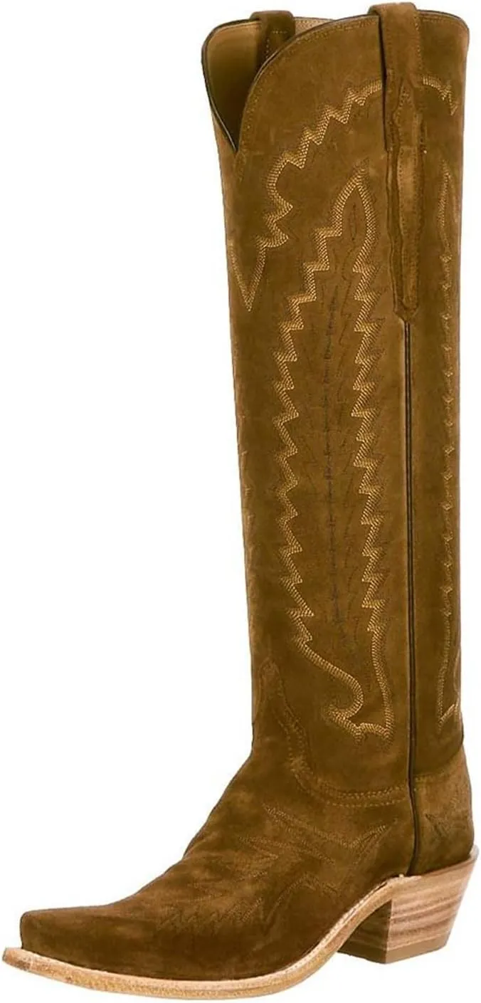 Western Boots Women, Knee High Cowboy Boots for Women Wide Calf Pointed Toe and Low Chunky Heel Cowgirl Boot with Classic Embroidered