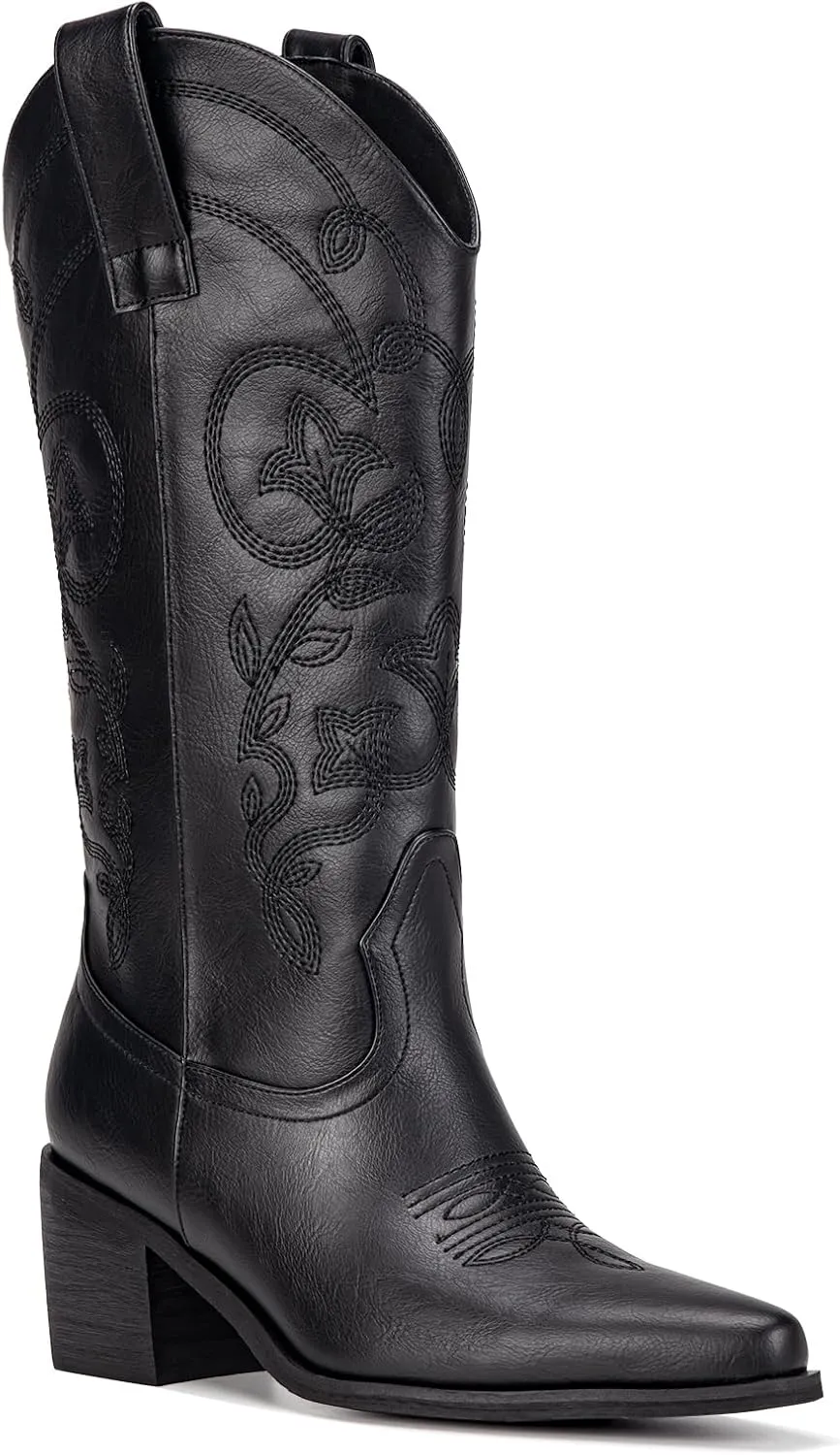 Wide Calf Cowboy Boots for Women Embroidered Cowgirl Boots Mid Calf Women's Western Cowboy Boots Fashion Pointy Toe Cowgirl Boots Pull on