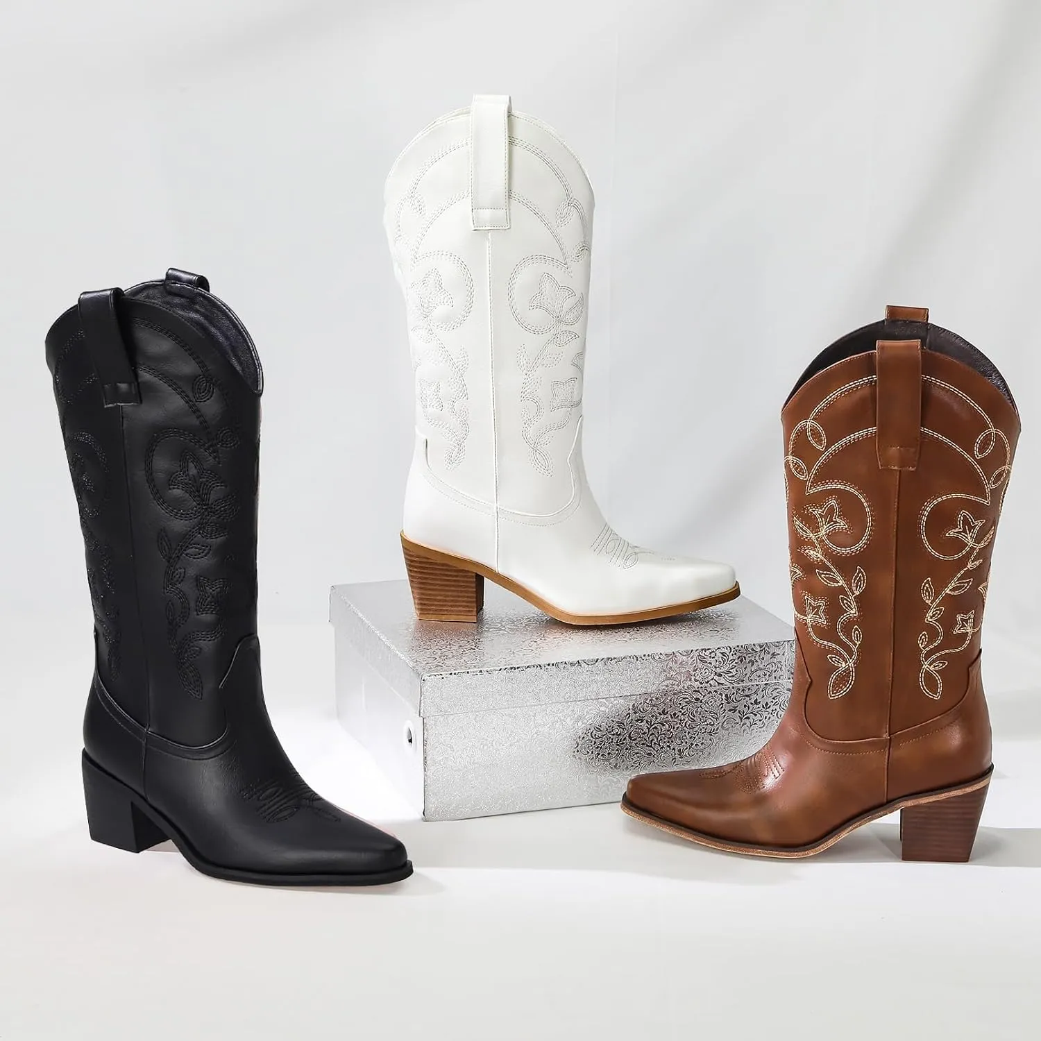 Wide Calf Cowboy Boots for Women Embroidered Cowgirl Boots Mid Calf Women's Western Cowboy Boots Fashion Pointy Toe Cowgirl Boots Pull on