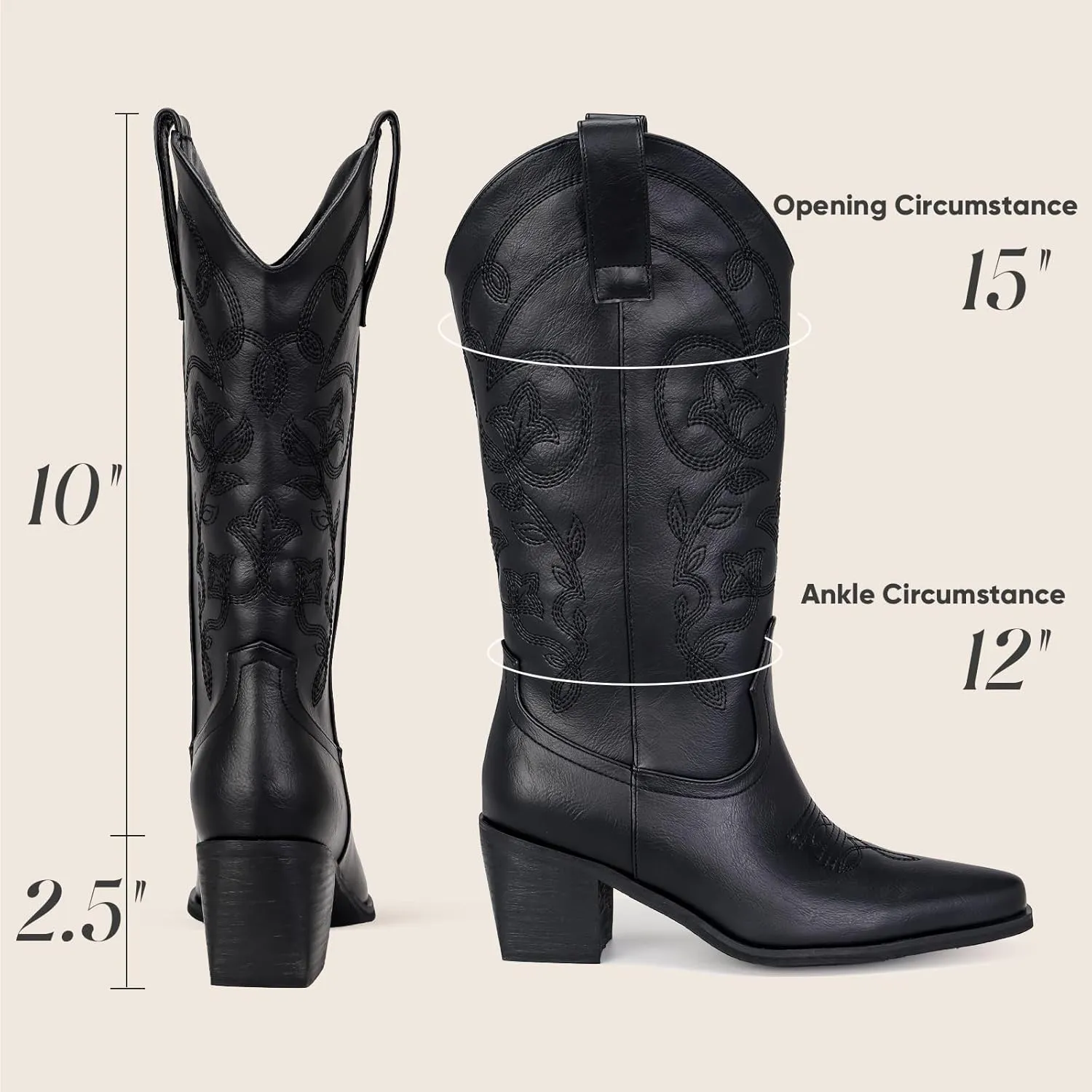 Wide Calf Cowboy Boots for Women Embroidered Cowgirl Boots Mid Calf Women's Western Cowboy Boots Fashion Pointy Toe Cowgirl Boots Pull on