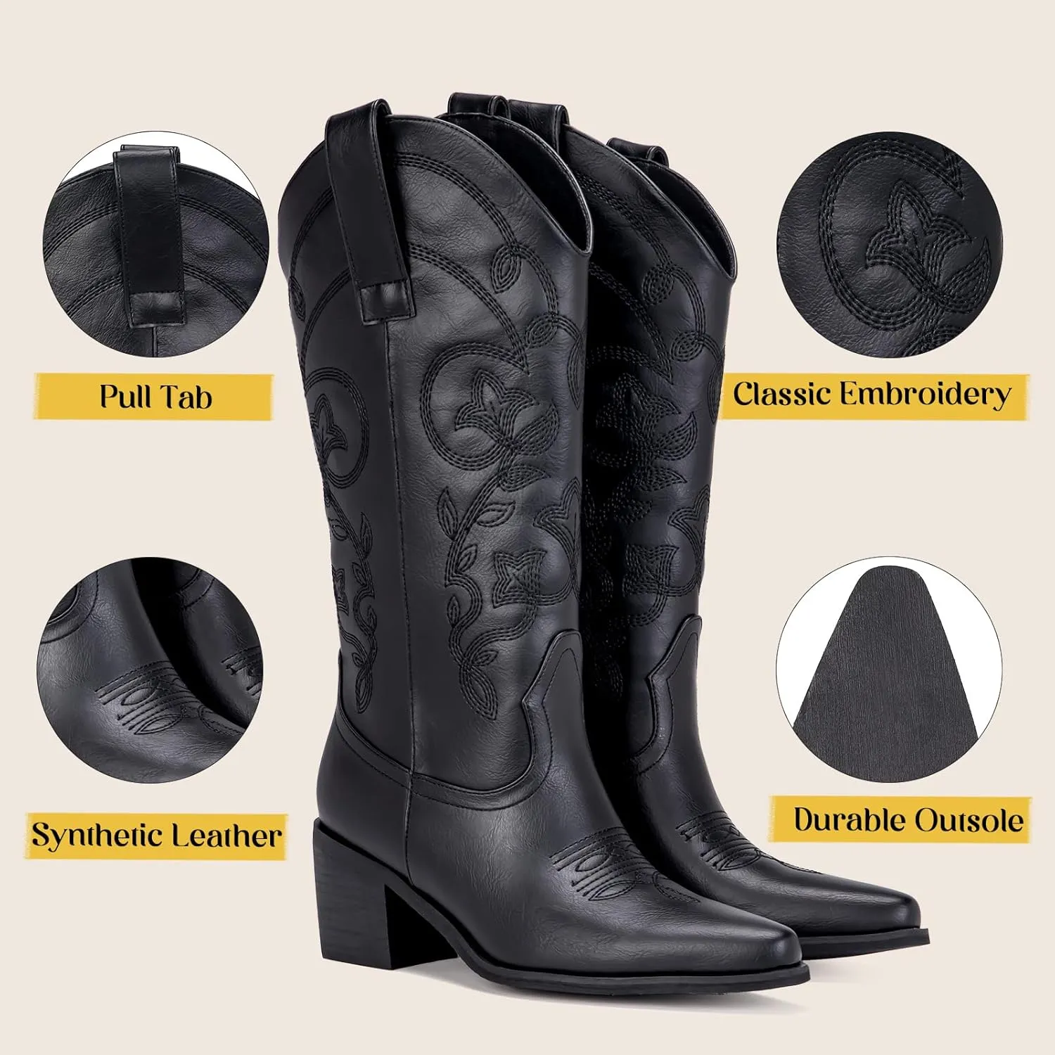Wide Calf Cowboy Boots for Women Embroidered Cowgirl Boots Mid Calf Women's Western Cowboy Boots Fashion Pointy Toe Cowgirl Boots Pull on