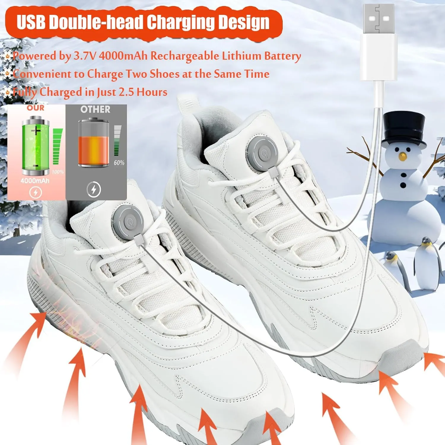 Winter Sneakers Electric Heated for Men and Women, Heated Snow Boots Foot Warmer Rechargeable, Max 20H Heated, Fleece Lining Winter Shoes Warm Waterproof Anti-Slip