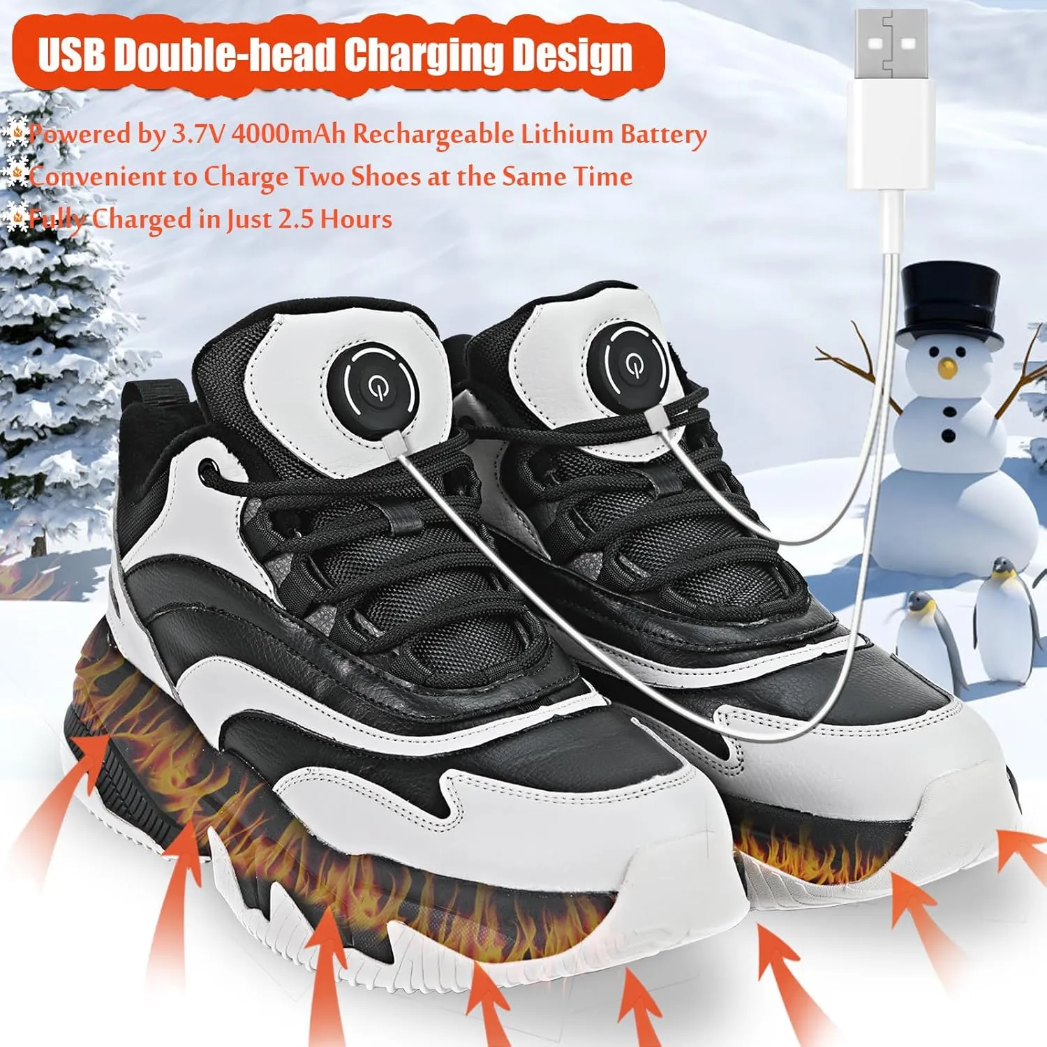 Winter Sneakers Electric Heated for Men and Women, Heated Snow Boots Foot Warmer Rechargeable, Max 20H Heated, Fleece Lining Winter Shoes Warm Waterproof Anti-Slip