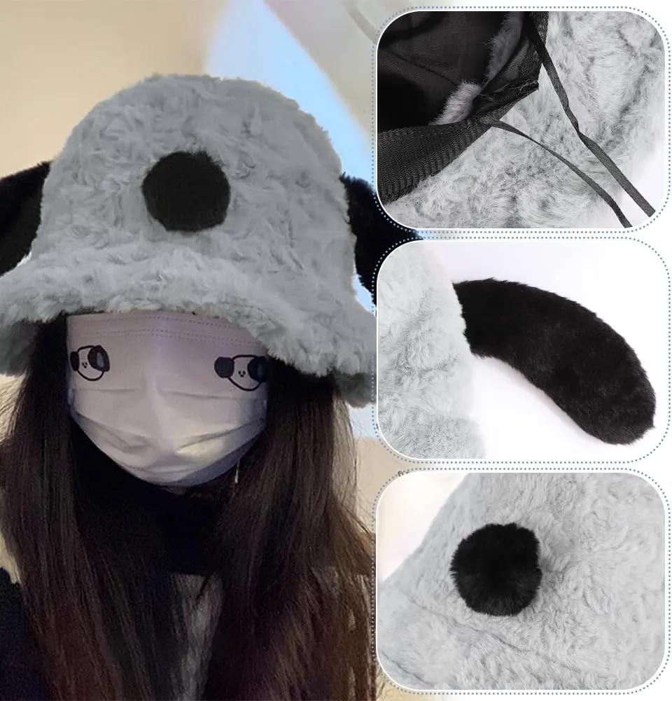 Women Faux Fur Bucket Hat Furry Fisherman Cap Winter Warm Dog Ear Hat Outdoor Thick Windproof Fuzzy Cap