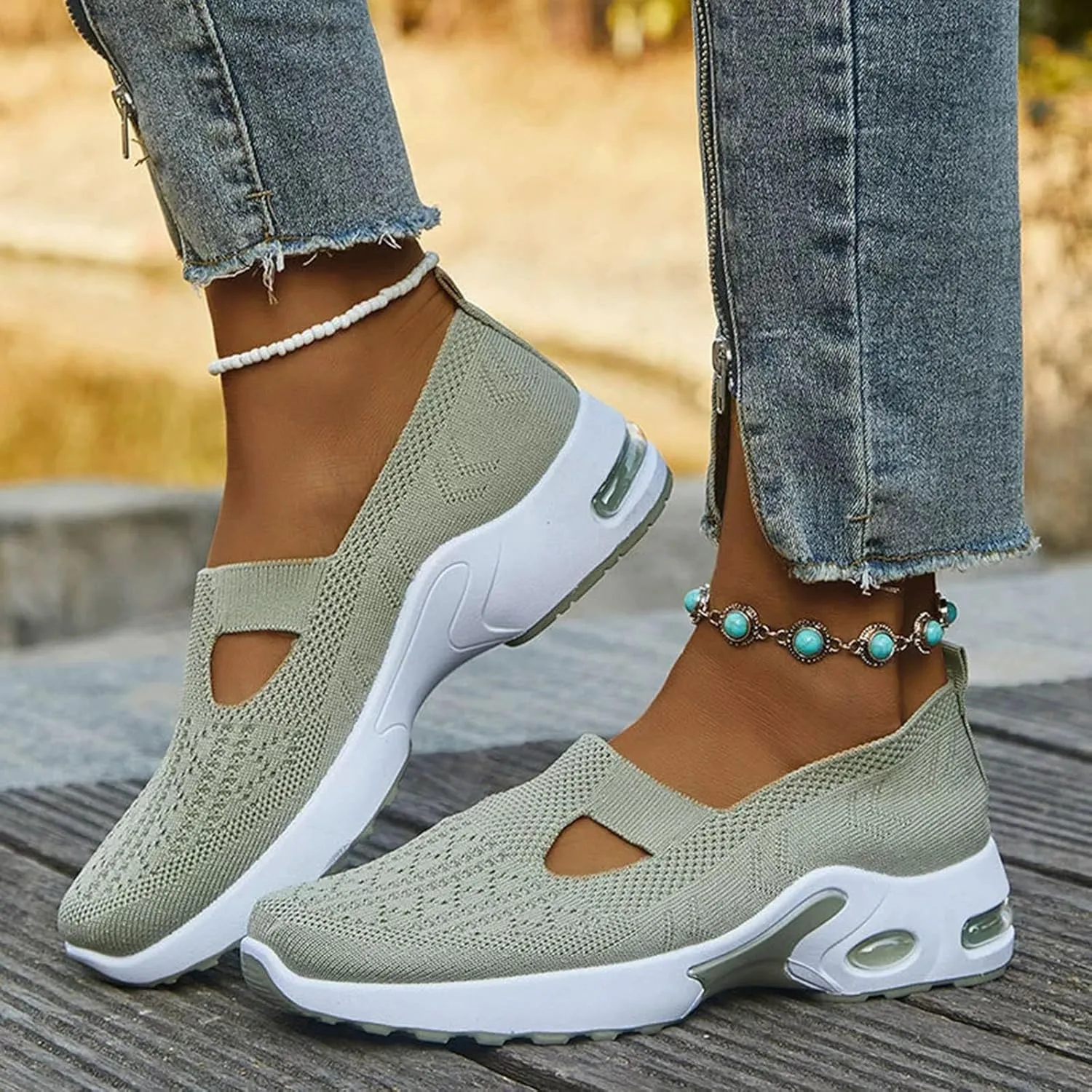 Women Knit Mesh Orthopedic Shoes Slip-On Air Cushion Walking Shoes Lightweight Breathe Arch Support Anti-Skid Sports Loafers
