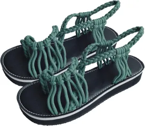 Women Sandals 2024 Summer Woven Knot Rope Flat Bottom Large Toe Flower Anti-Slip Outdoor Solid Color Beach Sandals