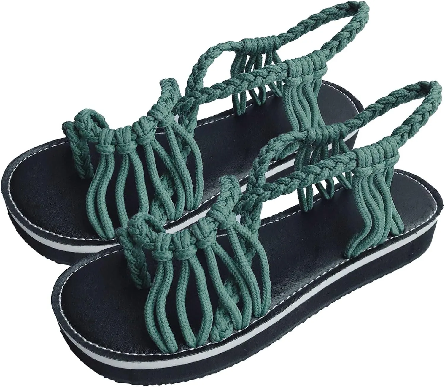 Women Sandals 2024 Summer Woven Knot Rope Flat Bottom Large Toe Flower Anti-Slip Outdoor Solid Color Beach Sandals