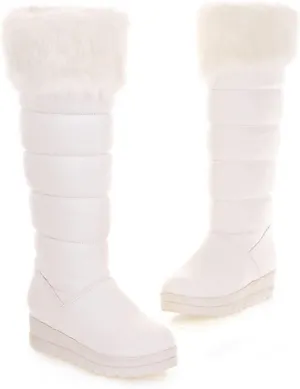 Women Winter Warm Fur Lined Knee High Down Snow Boots Outdoor Waterproof Rain Pull-On Cold-Resistant Comfy Platform Walking Snow Boot