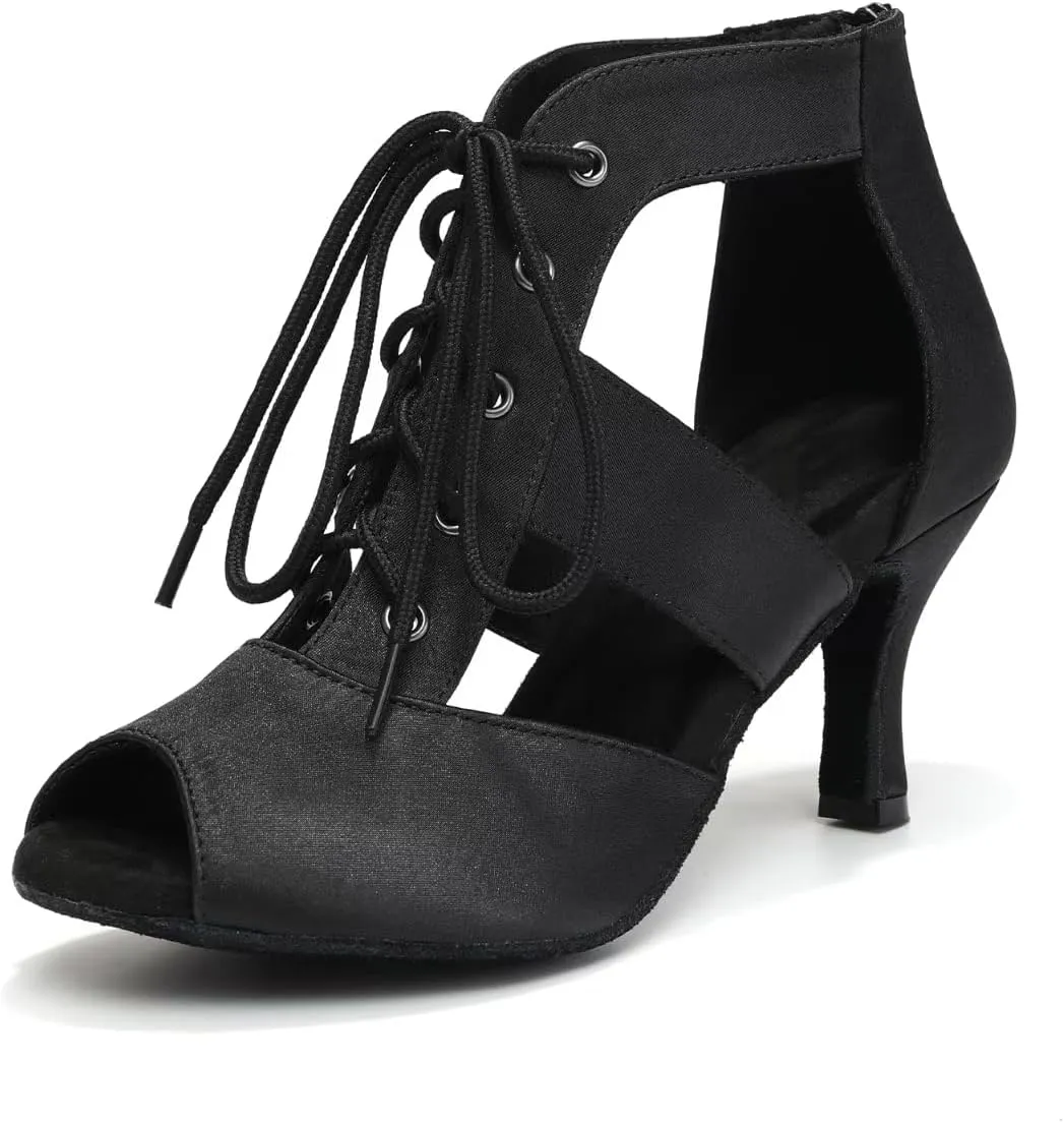 Women's Ballroom Dancing Boots Open Toe Lace Up Ankle Dance Boots Latin Salsa Practice Performance Dance Heels