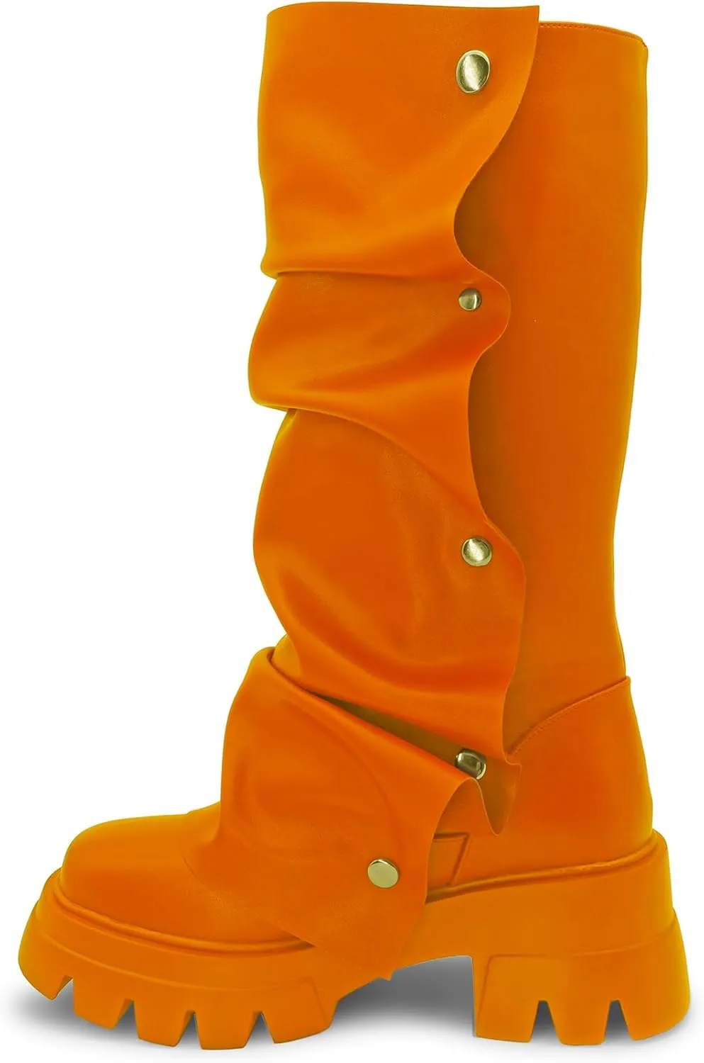 Women's Combat Mid-Calf Chunky Boots Detachable Pull-On Wide Calf Panel Shark Platform Boots Round toe Party Dress Boot