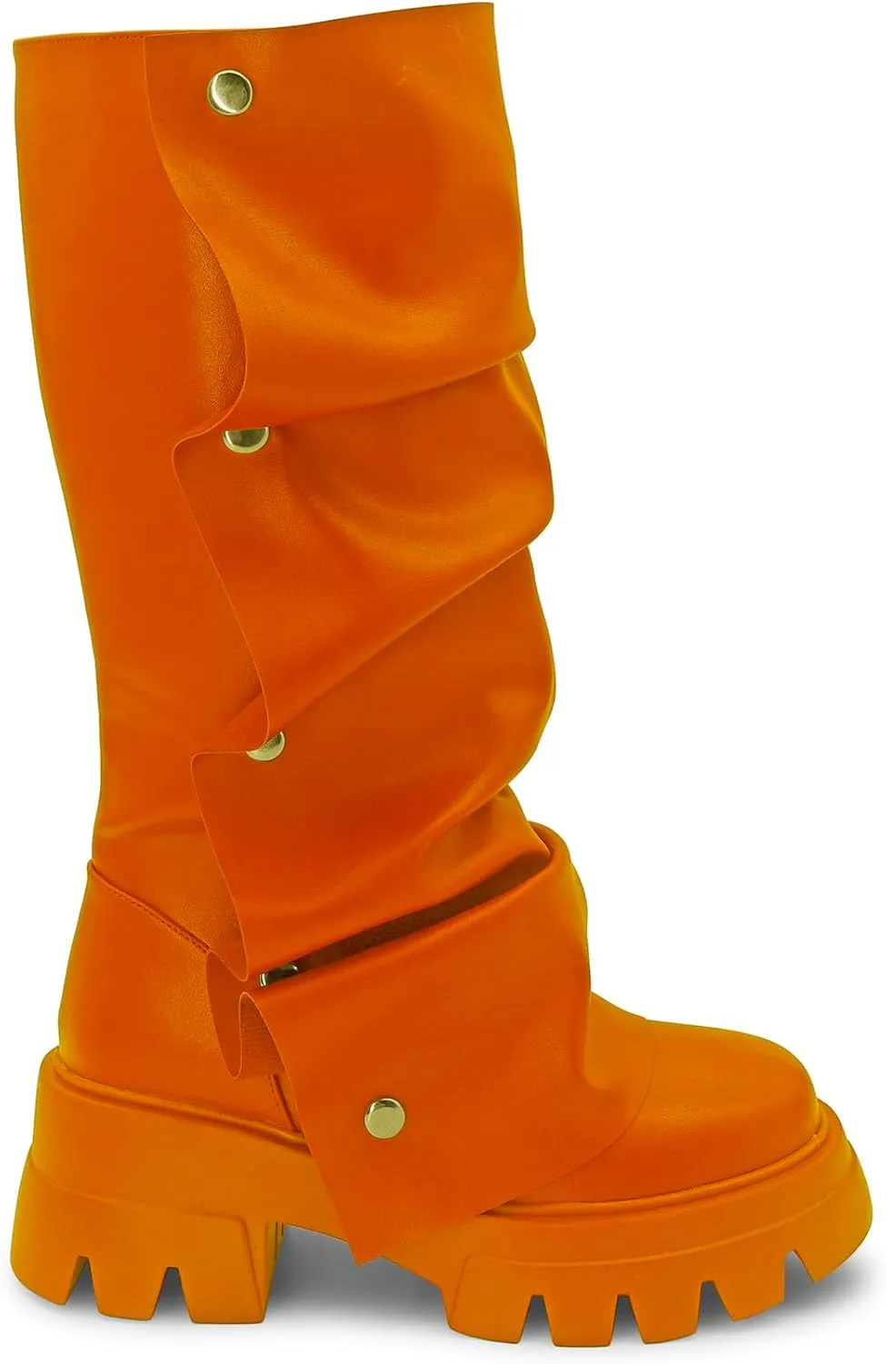 Women's Combat Mid-Calf Chunky Boots Detachable Pull-On Wide Calf Panel Shark Platform Boots Round toe Party Dress Boot