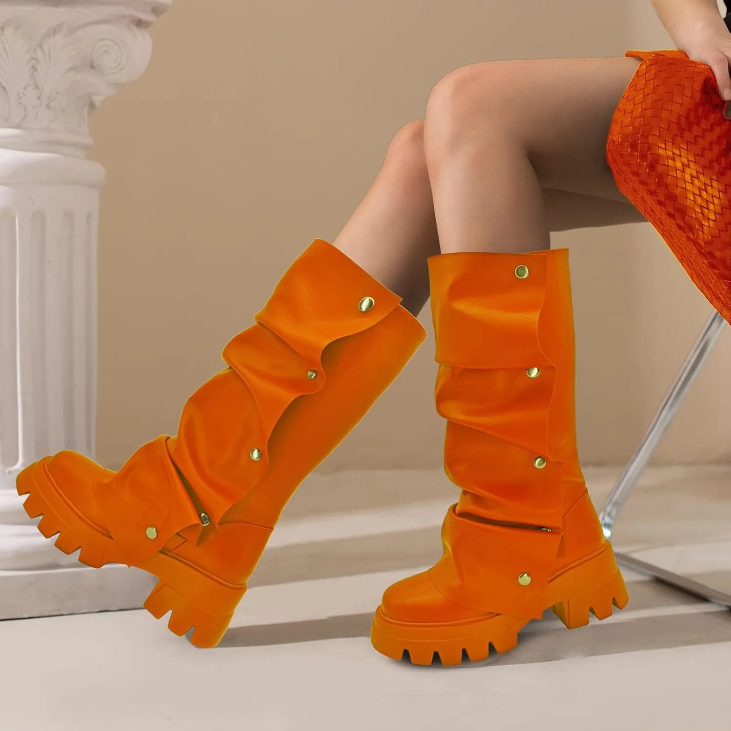 Women's Combat Mid-Calf Chunky Boots Detachable Pull-On Wide Calf Panel Shark Platform Boots Round toe Party Dress Boot