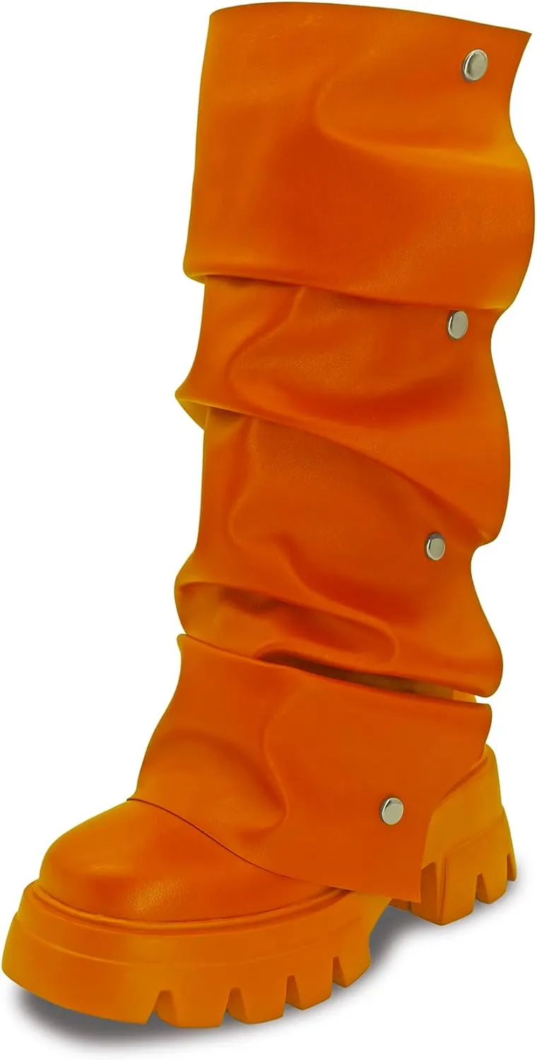 Women's Combat Mid-Calf Chunky Boots Detachable Pull-On Wide Calf Panel Shark Platform Boots Round toe Party Dress Boot