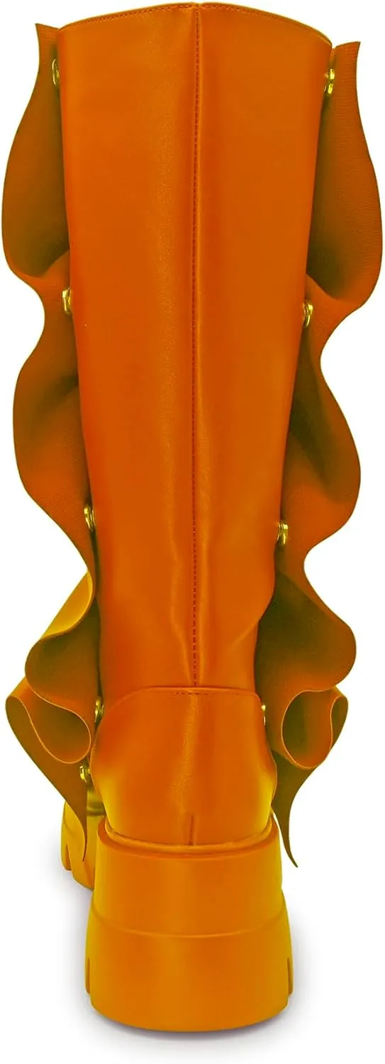Women's Combat Mid-Calf Chunky Boots Detachable Pull-On Wide Calf Panel Shark Platform Boots Round toe Party Dress Boot