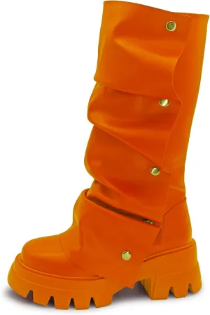 Women's Combat Mid-Calf Chunky Boots Detachable Pull-On Wide Calf Panel Shark Platform Boots Round toe Party Dress Boot
