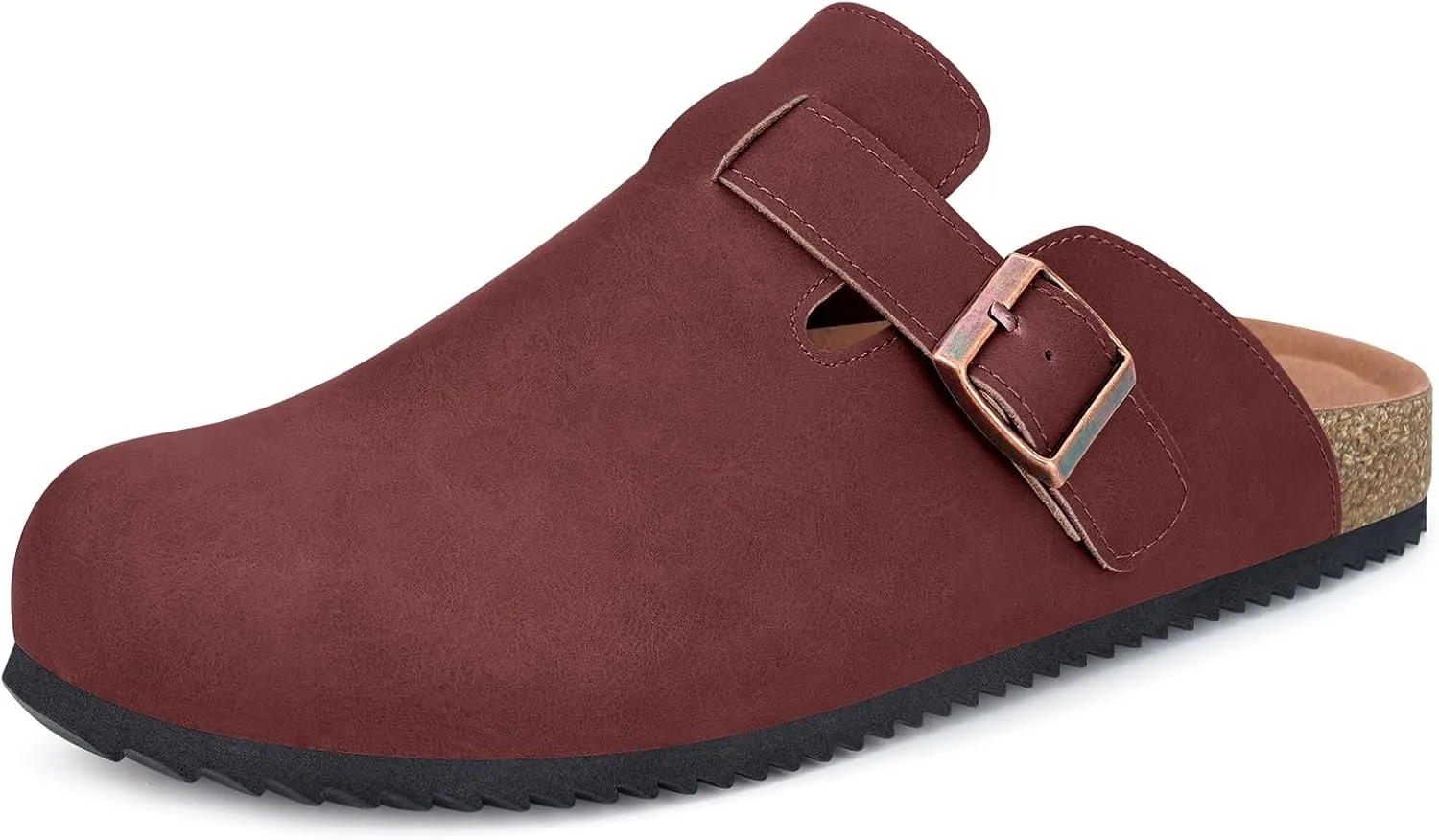 Womens Cork Footbed Clogs Mens PU Leather Mules with Arch Support Adjustable Buckle Comfort Slip On Potato Shoes Unisex Non-Slip Flat Sandals Indoor Outdoor