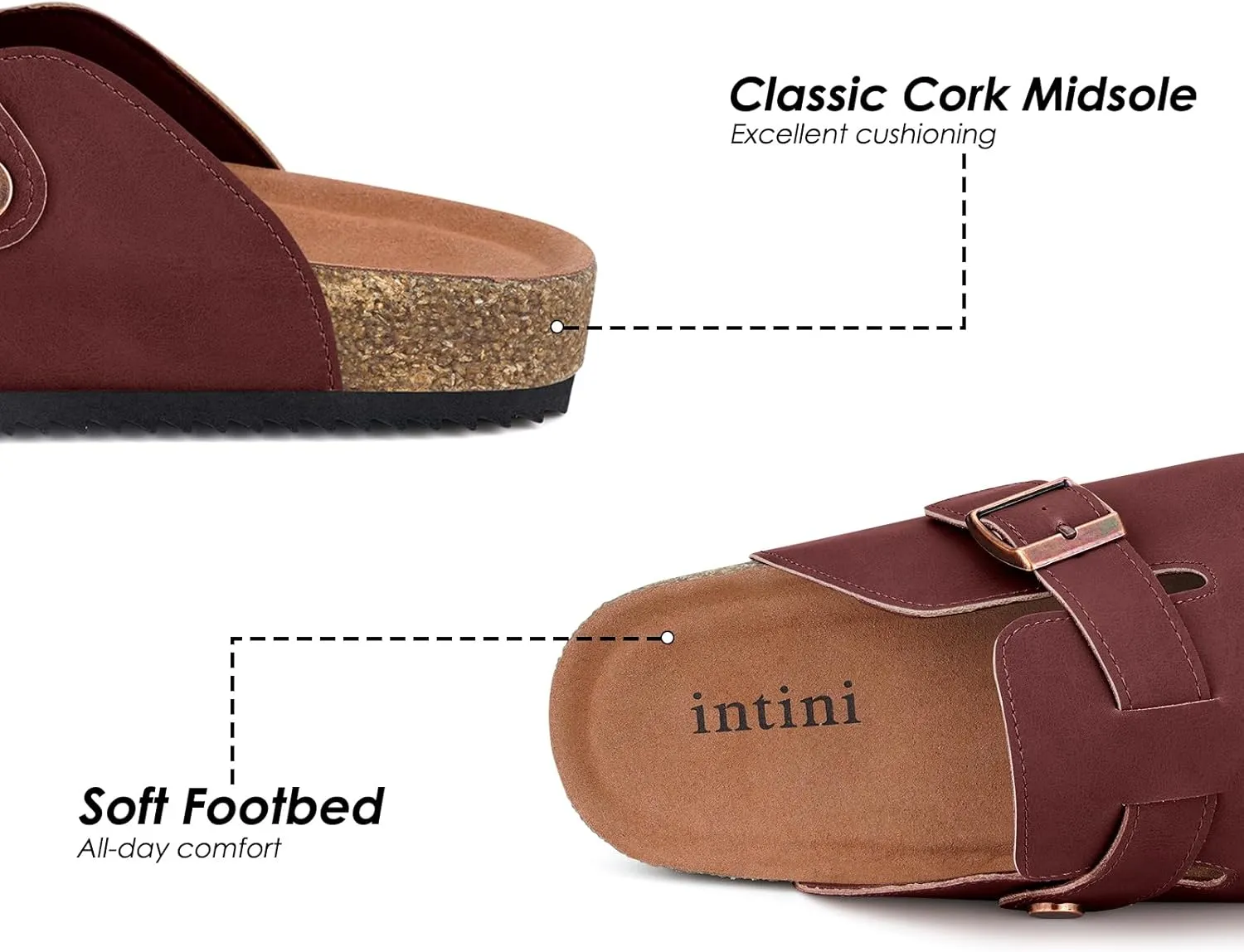 Womens Cork Footbed Clogs Mens PU Leather Mules with Arch Support Adjustable Buckle Comfort Slip On Potato Shoes Unisex Non-Slip Flat Sandals Indoor Outdoor