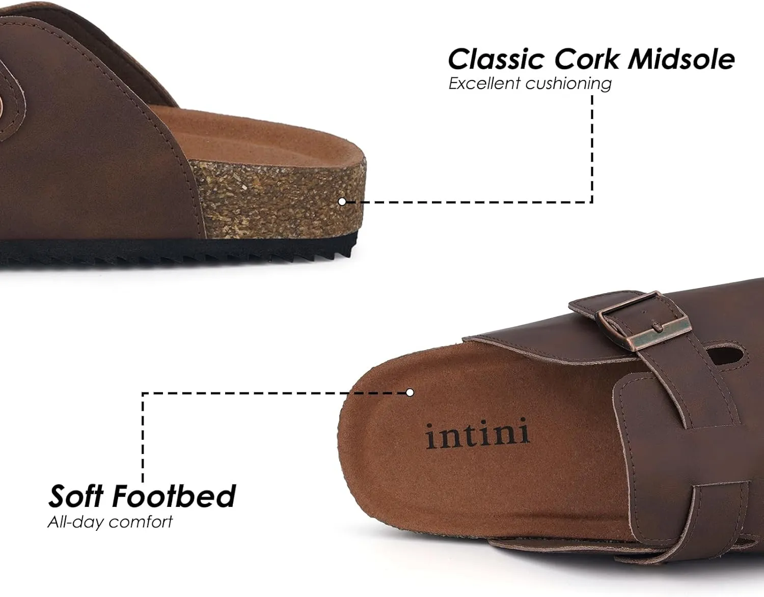 Womens Cork Footbed Clogs Mens PU Leather Mules with Arch Support Adjustable Buckle Comfort Slip On Potato Shoes Unisex Non-Slip Flat Sandals Indoor Outdoor
