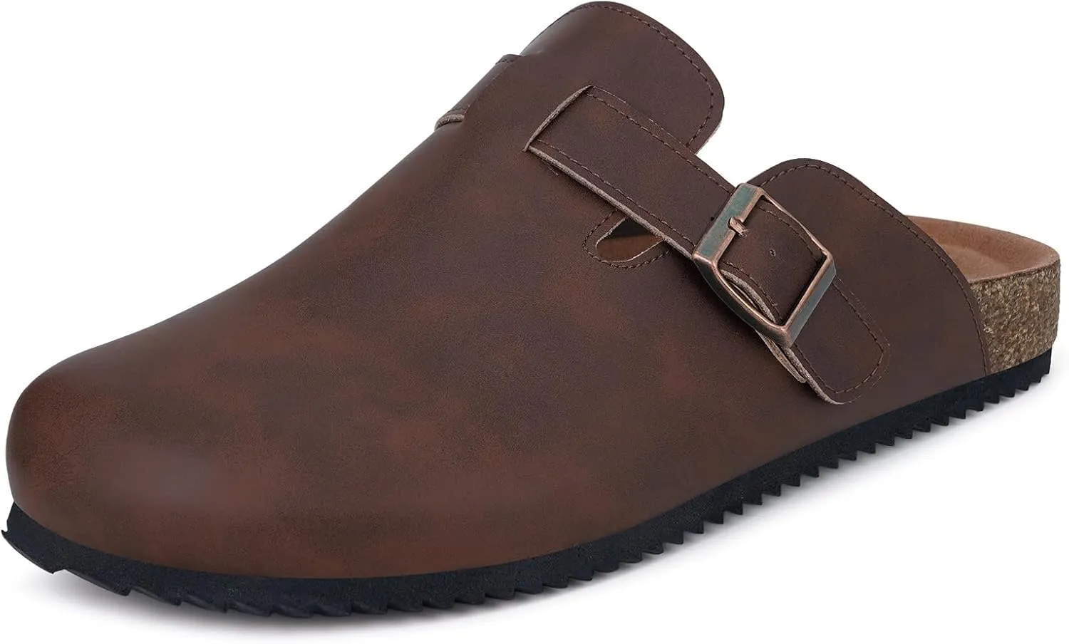 Womens Cork Footbed Clogs Mens PU Leather Mules with Arch Support Adjustable Buckle Comfort Slip On Potato Shoes Unisex Non-Slip Flat Sandals Indoor Outdoor