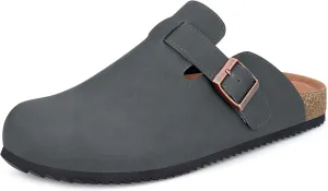 Womens Cork Footbed Clogs Mens PU Leather Mules with Arch Support Adjustable Buckle Comfort Slip On Potato Shoes Unisex Non-Slip Flat Sandals Indoor Outdoor