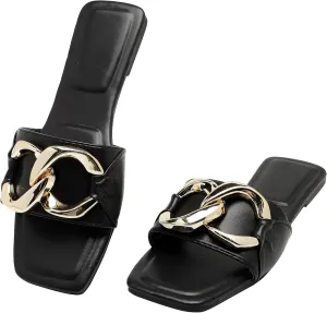 Women's Flat Slides square open toe Slippers Shoes Summer leather dressy sandals for women.