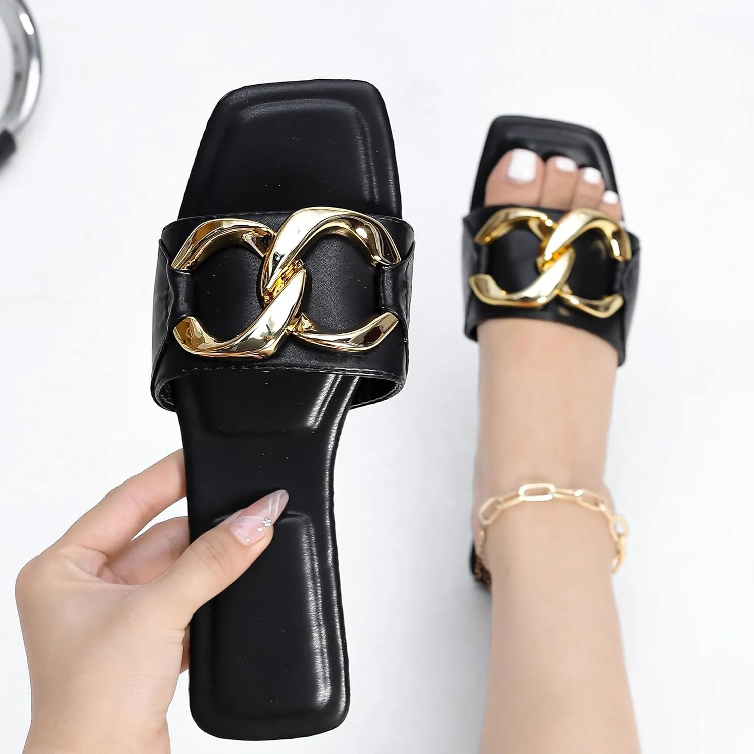 Women's Flat Slides square open toe Slippers Shoes Summer leather dressy sandals for women.