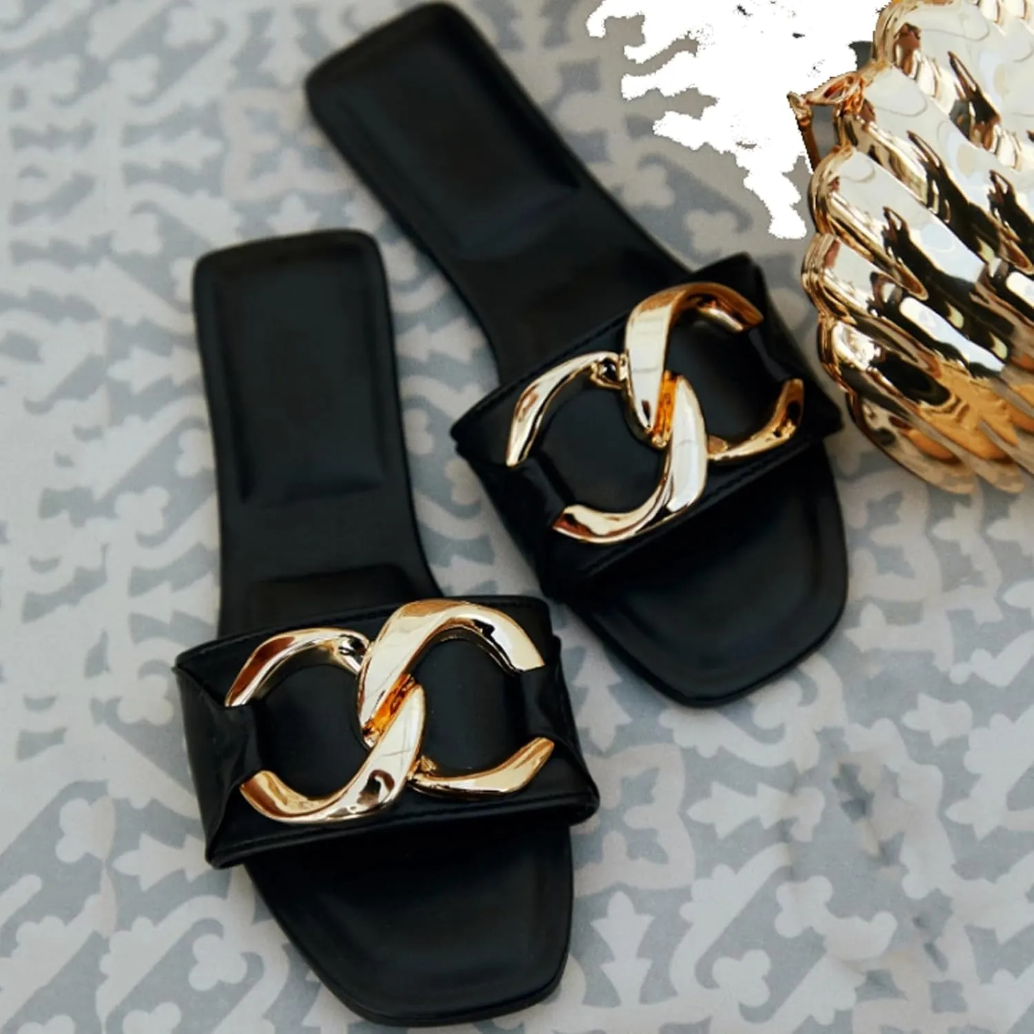 Women's Flat Slides square open toe Slippers Shoes Summer leather dressy sandals for women.