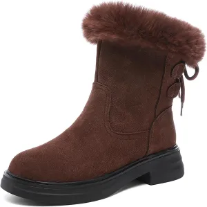 Women's Genuine Leather Chunky Heel Mid Calf Boots Warm Fur Lined Fashion Comfort Round Toe Lace Up Anti-slip Platform Low Heel Short Bootie Winter Outdoor Walking Snow Boots