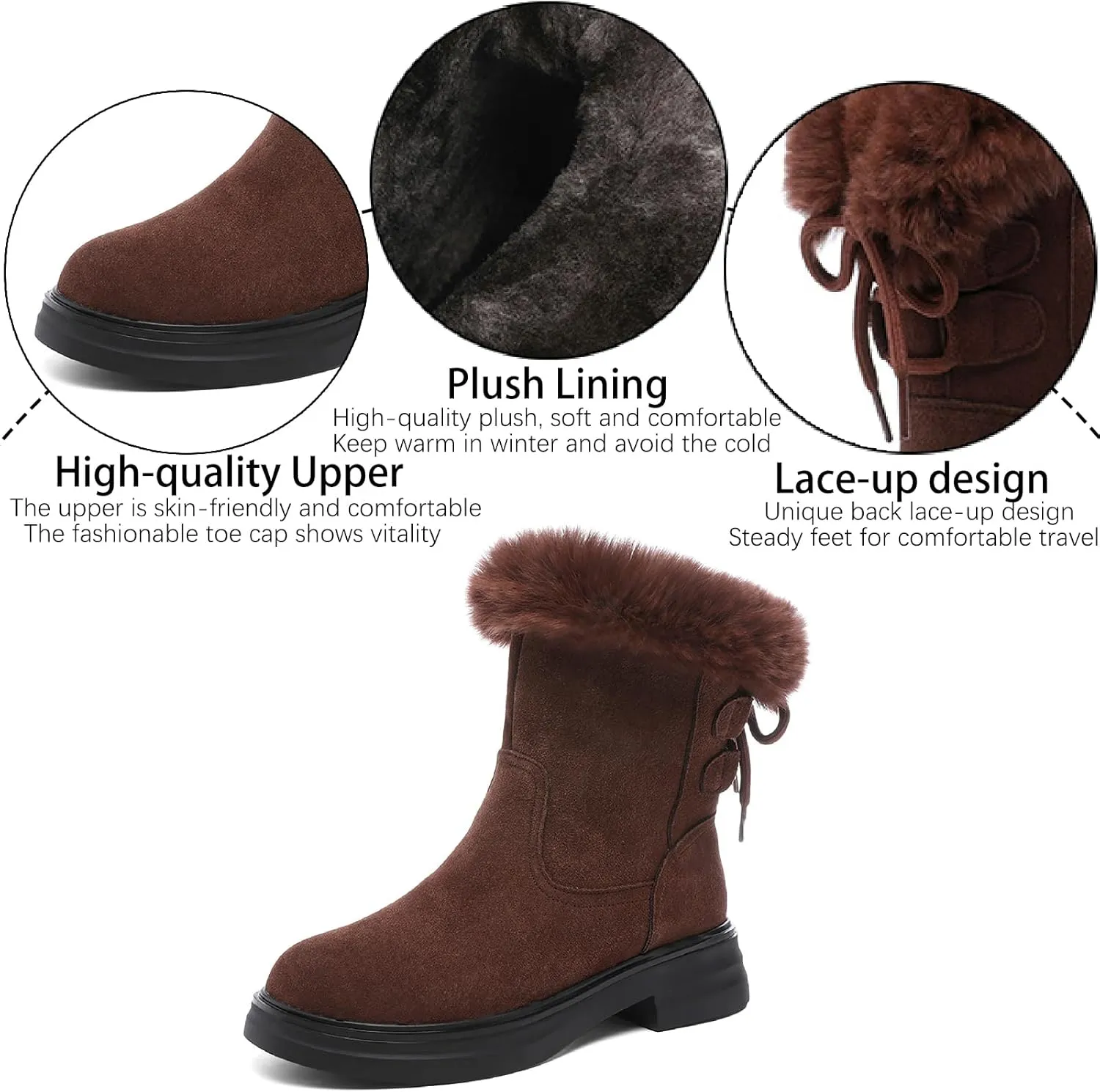 Women's Genuine Leather Chunky Heel Mid Calf Boots Warm Fur Lined Fashion Comfort Round Toe Lace Up Anti-slip Platform Low Heel Short Bootie Winter Outdoor Walking Snow Boots